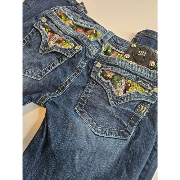 Miss Me Signature Boot Jeans Women 28 Blue Camo Sequin Embellished Dark Wash - Picture 2 of 9
